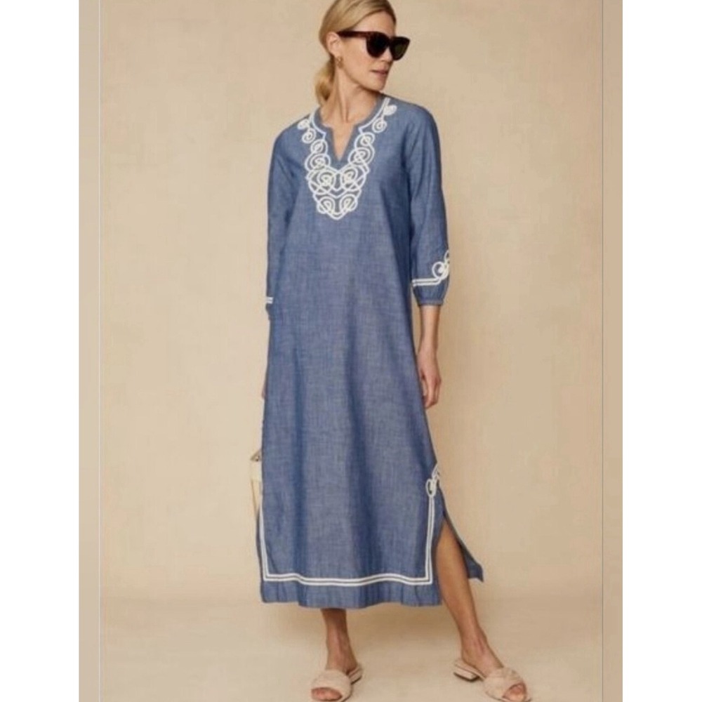 J. McLaughlin Pansy Lightweight Denim Blue Kaftan Maxi Dress Size Small